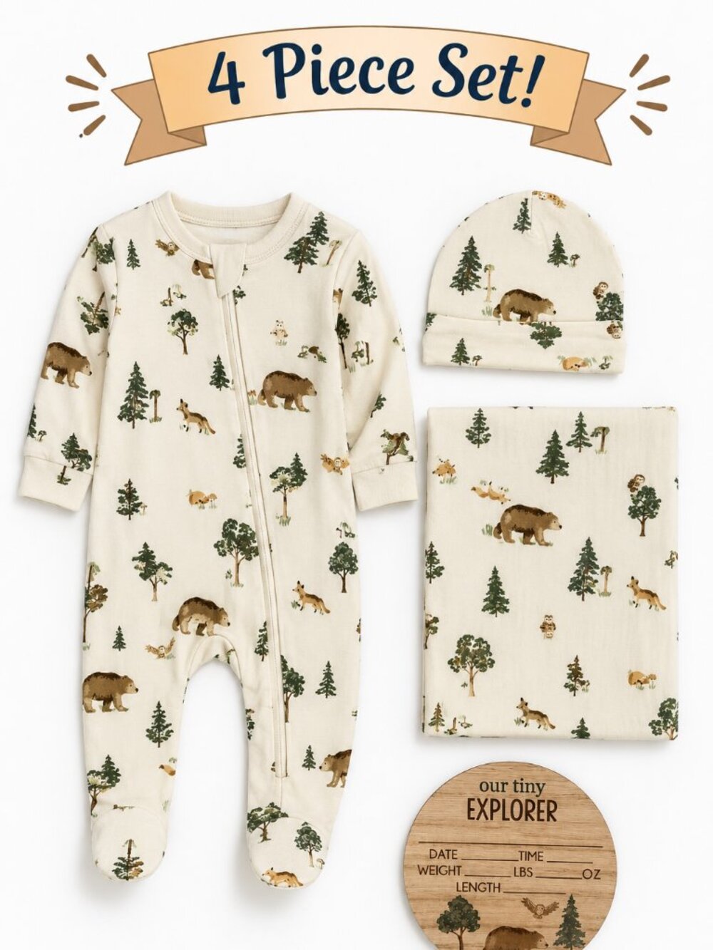 NWT Baby Essentials 4 Piece Baby Boy Gift Set Newborn Woodland Animals Bamboo